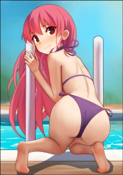 1girl ass back barefoot bikini blush dead_apostle_noel_(tsukihime) embarrassed from_behind kneeling loli long_hair looking_at_viewer looking_back noel_(tsukihime) pink_hair poolside purple_bikini raie_l red_eyes soles solo swimsuit tsukihime tsukihime_(remake) water