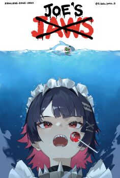 1girl absurdres artist_name bangboo_(zenless_zone_zero) black_hair candy colored_inner_hair commentary_request copyright_name ellen_joe food hair_ornament highres jaws_(movie) korean_commentary lollipop maid_headdress medium_hair movie_poster_(medium) multicolored_hair open_mouth parody poster_parody pun red_eyes red_hair revision sharkboo_(zenless_zone_zero) sharp_teeth signature solo swimming t3ku teeth twitter_username underwater zenless_zone_zero