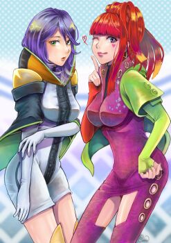 2girls breasts gina_(gnosia) gloves gnosia hair_between_eyes heart heterochromia hood hoodie long_sleeves looking_at_viewer medium_breasts medium_hair multiple_girls one_eye_closed polypolyeses red_hair smile sq_(gnosia) upper_body wavy_hair