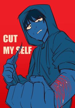 Rule 34 | 1boy, blue hoodie, clenched hand, color contrast, commentary request, constricted pupils, cry of fear, gam chihot, half-closed eye, highres, holding razor blade, hood, hood up, hoodie, korean commentary, looking at viewer, male focus, nervous sweating, razor blade, self-harm, simon henriksson, sleeves rolled up, solo, sweat, sweatdrop, wrist cutting
