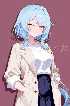 1girl ;) absurdres airbus_a350xwb alternate_costume blue_sky breasts brown_coat chinese_commentary coat commentary_request elf elysia_(honkai_impact) hands_in_pockets herrscher_of_corruption highres honkai_(series) honkai_impact_3rd large_breasts long_hair looking_at_viewer one_eye_closed pointy_ears purple_background purple_eyes shirt sky smile solo very_long_hair white_shirt