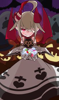 1girl absurdres ahoge backlighting bandage_over_one_eye bandaged_horn bare_shoulders bat_(animal) belt_collar blush broken_heart_print closed_mouth collar colored_tips cross cross_print curled_horns demon_girl demon_horns demon_wings dress dyed_ahoge eyeball feet_out_of_frame flat_chest frilled_dress frills ghost gloves grey_hair hair_between_eyes heart heart_print highres holding holding_eyeball horns jack-o&#039;-lantern long_dress looking_at_object makaino_ririmu makaino_ririmu_(1st_costume) multicolored_hair nijisanji off-shoulder_dress off_shoulder pointy_ears red_collar red_eyes red_horns red_streaks red_wings shirt_under_dress short_hair sidelocks smile solo standing streaked_hair undershirt user_vkzd2445 virtual_youtuber white_dress white_gloves wings