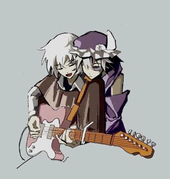 1girl 1other androgynous black_shirt brown_capelet capelet chinese_commentary closed_eyes clothing_cutout collared_shirt commentary_request cropped_torso detached_hood dot_nose expressionless family_bonding frilled_headwear grey_background grey_hair guitar happy hat head_on_another's_shoulder hood hood_down hooded_jacket instrument jacket len'en long_sleeves looking_at_another mob_cap music open_mouth playing_guitar playing_instrument purple_eyes purple_hat purple_jacket shirt shitodo_hoojiro shitodo_kuroji short_hair shoulder_cutout siblings simple_background sleeveless sleeveless_shirt smile soobsi triangular_headpiece undershirt white_hair white_shirt