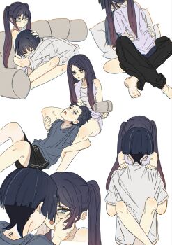 1boy 1girl alternate_costume alternate_hairstyle alternate_universe aqua_eyes arm_around_leg arm_around_waist averting_eyes barefoot black_hair black_pants black_shorts blunt_ends blush casual choppy_bangs closed_eyes closed_mouth contemporary couch couple crossed_legs dolphin_shorts drawstring electro_symbol_(genshin_impact) facing_down genshin_impact gradient_hair green_eyes grey_eyes grey_hair grey_shirt grey_sleeves hair_between_eyes hair_down hair_dryer hair_ornament hair_pulled_back hairclip hand_on_another&#039;s_head hand_on_another&#039;s_leg hands_on_another&#039;s_cheeks hands_on_another&#039;s_face hands_on_another&#039;s_hips hands_on_another&#039;s_shoulders head_between_thighs headpat hetero highres holding holding_hair_dryer hug_from_side implied_kiss leg_lock long_hair looking_at_another lying lying_on_person mitsudomoe_(shape) mona_(genshin_impact) multicolored_hair multiple_views on_couch on_stomach open_mouth pants parted_bangs pink_hair sanpaku scaramouche_(genshin_impact) shirt short_sleeves shorts sidelocks sitting sitting_between_lap sitting_on_person standing_leg_lock straddling streaked_hair tank_top toes tomoe_(symbol) tsurime twintails upright_straddle white_background white_shirt white_shorts white_sleeves white_tank_top white_trim yokozuwari ysnden