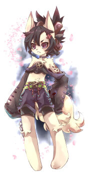 Rule 34 | 1girl, animal ears, animal hands, bare shoulders, barefoot, black hair, chain, cherry blossoms, collar, female focus, flat chest, fox ears, furry, furry female, hair ornament, hairclip, highres, long sleeves, purple eyes, solo, tail