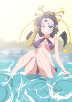 Rule 34 | bikini, blue eyes, blush, demon, demon girl, digimon, digimon (creature), highres, lilithmon, mark of evil, one eye closed, pixiv user (4003402), swimsuit, wings