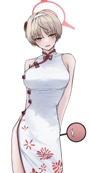 1girl blue_archive china_dress chinese_clothes dress floral_print floral_print_dress guwall halo highres marina_(blue_archive) marina_(qipao)_(blue_archive) official_alternate_costume print_dress red_halo simple_background sleeveless sleeveless_dress sleeveless_turtleneck_dress solo white_background white_dress yellow_eyes