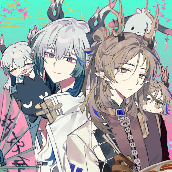 2boys arknights artist_request badtz-maru blonde_streaks blue_streaks brothers brown_eyes brown_hair brown_hands brown_shirt chibi chinese_clothes chinese_commentary chopsticks colored_extremities commentary_request commission dragon_boy dragon_horns earrings expressionless folding_fan gradient_hair grey_hair hair_between_eyes hand_fan highres holding holding_chopsticks holding_fan horns jewelry ji_(arknights) long_hair looking_at_viewer male_focus mandarin_collar mole mole_under_eye multicolored_hair multiple_boys pink_eyes pochacco sanrio second-party_source shirt siblings slit_pupils smile streaked_hair yi_(arknights)