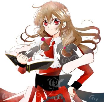 1girl book brown_hair dress happy highres long_hair looking_at_viewer magnolia_iana red_dress red_eyes school_uniform tensei_akujo_no_kuro_rekishi