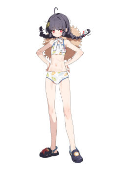 1girl absurdres ahoge bare_arms bare_legs bare_shoulders bikini black_hair blue_archive blunt_bangs braid choker crocs feishi flat_chest full_body hands_on_own_hips hat hat_on_back highres leaf leaf_on_head leaf_print low_twin_braids miyu_(blue_archive) miyu_(swimsuit)_(blue_archive) navel official_alternate_costume official_alternate_hairstyle print_bikini red_eyes ribbon_choker simple_background solo standing stomach straw_hat swimsuit twin_braids white_background white_bikini