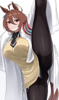 1girl agnes_tachyon_(tach-nology)_(umamusume) agnes_tachyon_(umamusume) ahoge animal_ears artist_name black_necktie black_shirt blush breasts brown_hair chemical_structure closed_mouth coat collared_shirt earrings flexible hair_between_eyes hem_peeking_out highres horse_ears horse_girl horse_tail huge_ahoge ibuki_grunt jewelry lab_coat large_breasts long_sleeves medium_hair mini_person necktie open_clothes open_coat panties pantylines red_eyes shirt short_necktie simple_background single_earring sleeves_past_fingers sleeves_past_wrists smile solo split spread_legs standing standing_on_one_leg standing_split stretching sweater tail twitter_username umamusume underwear white_background white_coat wide_spread_legs yellow_sweater