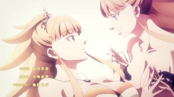2girls animated anime_screenshot bare_shoulders black_dress blonde_hair blue_eyes bouncing_breasts breasts cleavage collarbone dark_persona dress dual_persona highres jewelry kekkon_yubiwa_monogatari large_breasts long_hair looking_at_viewer multiple_girls necklace nonaka_himeno smile sound strapless strapless_dress tagme video white_dress