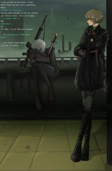 2girls against_wall aircraft badge battle_rifle black_boots blood blood_on_hand bloody_weapon bob_cut boots brown_hair building button_badge central_intelligence_agency cigarette cityscape coat commentary covering_face crossed_legs cyborg endzustand english_text glasses green_sweater green_theme gun head_down helicopter highres holding holding_cigarette hugging_object knee_boots knee_pads knees_up lace-up_boots leaning_to_the_side long_legs looking_at_another marie_(peripeteia) mask mask_around_neck mechanical_arms mechanical_foot mechanical_legs multiple_girls nose outdoors peripeteia respirator rifle ruins saber_(weapon) sad scar scar_on_face scar_on_neck short_hair sitting skyscraper smiley_face smog sweater sweater_under_coat sword talking tile_floor tiles tito_(peripeteia) trench_coat turning_head turtleneck unworn_coat waiting weapon white_hair