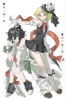 2others adapted_costume androgynous bare_legs black_corset black_eyes black_hair black_hairband black_hat black_leg_warmers black_ribbon black_skirt black_vest blonde_hair bow bowtie brown_shoes buttons closed_mouth collared_vest color_guide commentary corset detached_sleeves dice_hair_ornament eye_of_senri finger_to_eye frills full_body gloves green_hakama green_kimono green_scrunchie hair_between_eyes hair_ornament hair_ribbon hairband hakama hakama_short_skirt hakama_skirt happy hat hat_ribbon highres invisible_chair japanese_clothes kariginu kimono lapels leg_ribbon leg_warmers len&#039;en loafers long_hair_between_eyes long_sleeves looking_ahead looking_at_viewer miniskirt multiple_others notched_lapels ofuda ofuda_on_clothes one_eye_closed open_mouth other_focus outstretched_arm pleated_skirt puffy_short_sleeves puffy_sleeves red_bow red_bowtie red_ribbon ribbon scrunchie senri_tsurubami shirt shoes short_hair short_sleeves simple_background sitting skirt sleeves_past_fingers sleeves_past_wrists smile smirk smug standing symbol-only_commentary tailcoat tate_eboshi v-neck vest white_background white_gloves white_leg_warmers white_shirt white_shoes white_sleeves white_wrist_cuffs wrist_cuffs wrist_scrunchie xeno_a xiao_ganju_nailuo yellow_eyes
