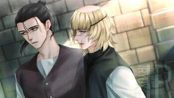 Rule 34 | 2boys, artist logo, badeni, black hair, black tabard, blonde hair, buttons, chi.: chikyuu no undou ni tsuite, closed mouth, eyepatch, facial hair, floating hair, highres, iorbtyn, logo, male focus, multiple boys, oczy, open mouth, ponytail, scar, scar on face, scar on lip, scar on mouth, scar on nose, shirt, sideburns stubble, standing, stubble, sunlight, sweatdrop, tabard, tonsure, vest, white shirt