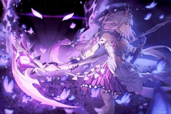 Rule 34 | 1girl, black tiara, bow, breasts, bug, butterfly, castorice (honkai: star rail), commentary, dragon, dress, floating hair, gloves, hair bow, highres, holding, holding behind back, holding scythe, holding weapon, holding weapon behind back, honkai: star rail, honkai (series), insect, legwear cutout, long hair, low-tied long hair, low twintails, matsuudesu, medium breasts, night, night sky, outdoors, pointy ears, pollux (honkai: star rail), purple butterfly, purple eyes, purple gloves, purple hair, scythe, sky, solo, tiara, twintails, twitter username, very long hair, weapon, white dress