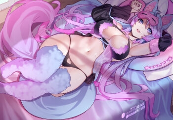 1girl animal_ears arm_behind_head babydoll black_panties blue_eyes blue_thighhighs breasts detached_sleeves eye_mask gradient_hair gradient_legwear gradient_tail hot_vr indie_virtual_youtuber large_breasts lips looking_at_viewer lying mask multicolored_hair multicolored_thighhighs navel on_back panties patreon_username pillow pink_eyes pink_hair pink_thighhighs silvervale silvervale_(cozy) smile solo subscribestar_username tail thighhighs underwear virtual_youtuber wolf_ears wolf_girl wolf_tail