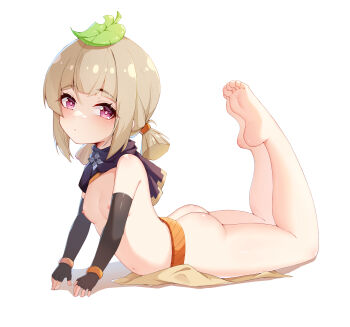 1girl absurdres ass barefoot black_gloves black_scarf breasts brown_hair elbow_gloves expressionless feet female_focus fingerless_gloves full_body genshin_impact gloves highres leaf leaf_on_head legs legs_up loli looking_at_viewer low_twintails lying maozi_tutu nipples nude on_stomach pink_eyes sayu_(genshin_impact) scarf short_hair short_twintails simple_background small_breasts soles solo thighs toes twintails white_background