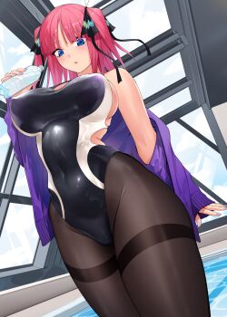 1girl :o black_hiphighs black_one-piece_swimsuit blue_eyes blue_sky blush bottle breasts butterfly_hair_ornament commentary_request covered_navel dutch_angle from_below go-toubun_no_hanayome hair_ornament highres hiphighs holding holding_bottle indoors kosmos_beta large_breasts nakano_nino one-piece_swimsuit parted_lips pink_hair rei_no_pool short_hair sky solo standing swimsuit thighband_hiphighs water_bottle
