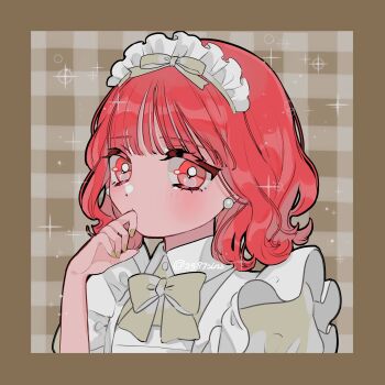 1girl amaharu_wasure apron border bow bowtie brown_border collared_dress commentary_request dress earrings frilled_apron frills grey_bow grey_bowtie highres jewelry looking_at_viewer maid maid_headdress medium_hair original red_eyes red_hair solo sparkle twitter_username white_apron