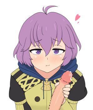 1boy 1girl after_fellatio ahoge bernadetta_von_varley blush censored commentary_request cum cum_in_mouth cum_string fire_emblem fire_emblem:_three_houses garreg_mach_monastery_uniform hair_between_eyes heart heart-shaped_pupils hetero highres hood hood_down long_sleeves looking_at_viewer messy_hair mosaic_censoring nintendo penis pov purple_eyes purple_hair simple_background smile solo_focus symbol-shaped_pupils textless_version white_background yoshio_hentai
