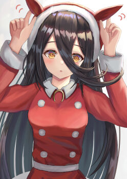 Rule 34 | 1girl, animal ears, black hair, blush, commentary request, dress, ear covers, fur-trimmed dress, fur-trimmed headwear, fur trim, hair between eyes, hat, horse ears, horse girl, long bangs, long hair, long hair between eyes, long sleeves, looking at viewer, manhattan cafe (umamusume), parted lips, red dress, red hat, santa costume, santa dress, santa hat, simple background, solo, thurumu, umamusume, very long hair, yellow eyes