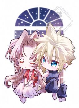 1boy 1girl absurdres aerith_gainsborough arestear0701 artist_name baggy_pants bangle bare_shoulders barefoot belt blonde_hair blue_pants blue_shirt border bracelet breasts brown_belt brown_hair chibi chibi_only choker cleavage closed_eyes closed_mouth cloud_strife commentary couple cropped_jacket dress earrings english_commentary final_fantasy final_fantasy_vii final_fantasy_vii_rebirth final_fantasy_vii_remake flower_choker full_body hair_between_eyes hand_in_another's_hair hetero highres jacket jewelry long_dress long_hair medium_breasts pants parted_bangs parted_lips pink_dress red_jacket shirt short_hair short_sleeves sidelocks single_earring sleeveless sleeveless_turtleneck smile snowing spiked_hair turtleneck white_border window