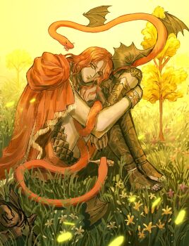 1boy armor chainmail commentary crossed_arms elden_ring elden_ring:_shadow_of_the_erdtree english_commentary field glowing_tree highres in-universe_location long_hair looking_at_viewer male_focus messmer_the_impaler on_grass rashuu red_hair sitting snake solo tree wavy_hair yellow_eyes