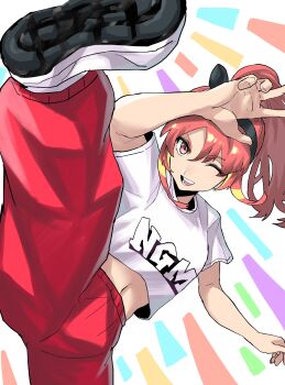 1girl absurdres chikoinochi dutch_angle half-closed_eye highres inazuma_eleven_(series) inazuma_eleven_victory_road midriff multicolored_hair navel open_mouth pants pink_eyes pink_hair ponytail shinohara_raika shirt shoes solo standing standing_on_one_leg streaked_hair