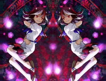 1girl arm_up arrow_(symbol) arrow_print back_bow bare_legs blue_bow blue_neckerchief bow commentary_request dress grin horns kaigen_1025 kijin_seija medium_hair multicolored_dress multicolored_hair neckerchief partial_commentary puffy_short_sleeves puffy_sleeves red_eyes sandals short_sleeves smile solo streaked_hair symmetry touhou whisp white_horns