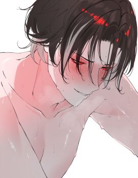 1boy blush brown_hair collarbone commentary hair_between_eyes highres honkai:_star_rail honkai_(series) looking_down male_focus mr._reca_(honkai:_star_rail) nude parted_lips red_eyes sanya_(sanya_lox228) short_hair simple_background smile solo sweat upper_body very_sweaty white_background