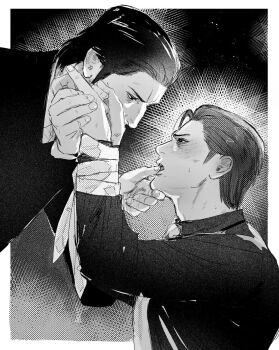 2boys ahoge blush bound bound_wrists commentary_request dojima_daigo formal_clothes greyscale hair_slicked_back hands_on_another's_face highres holding_another's_tongue kneeling male_focus mine_yoshitaka monochrome multiple_boys necktie necktie_around_wrists no_jacket open_mouth ryuu_ga_gotoku_(series) ryuu_ga_gotoku_3 suit tyag53 unworn_necktie yaoi