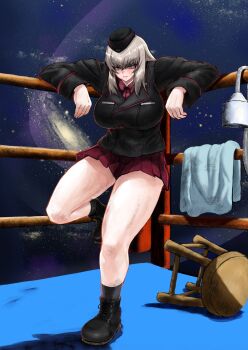 Rule 34 | 1girl, ankle boots, black boots, black hat, black jacket, black socks, blue eyes, boots, bougainvillea (unnryuu), boxing ring, closed mouth, commentary, dress shirt, frown, full body, galaxy, garrison cap, girls und panzer, grey hair, hashtag-only commentary, hat, highres, itsumi erika, jacket, kuromorimine military uniform, leaning back, leg up, long sleeves, looking at viewer, medium hair, military, military hat, military uniform, miniskirt, pleated skirt, red shirt, red skirt, revision, shirt, skirt, sky, socks, solo, standing, standing on one leg, star (sky), starry sky, stool, towel, v-shaped eyebrows, wing collar
