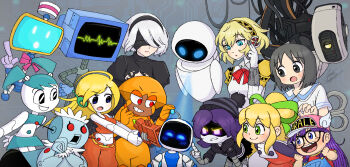 1other 2b_(nier:automata) 6+girls aigis_(persona) android antenna astro_bot astro_bot_(series) baseball_cap black_eyes black_hair blonde_hair blue_eyes blue_footwear blue_hair blue_neckerchief blue_overalls blue_shirt blue_skirt boots chris-thekid clothes_writing computer crop_top crossover curly_brace dark_skin denim disney doukutsu_monogatari dr._slump dress energy_gun eve_(wall-e) glados green_ribbon grin gun hair_ribbon hat headset highres holding holding_gun holding_weapon jenny_wakeman karen_(spongebob) karen_plankton long_hair long_sleeves mega_man_(series) midriff monita_(nintendo_land) multiple_crossover multiple_girls murder_drones my_life_as_a_teenage_robot navel neckerchief nichijou nickelodeon nier:automata nier_(series) nintendo_land norimaki_arale ok_k.o.!_let&#039;s_be_heroes open_mouth overalls pants persona persona_3 pink_hat pixar ponytail portal_(series) ray_gun red_dress red_eyes red_pants red_shirt ribbon robot robot_girl roll_(mega_man) rosie_(the_jetsons) school_uniform shannon_(ok_k.o.!) shinonome_nano shirt short_hair short_sleeves skirt smile sony spongebob_squarepants_(series) tank_top teeth the_jetsons trait_connection twintails uzi_(murder_drones) wall-e_(character) weapon white_shirt winding_key winged_hat