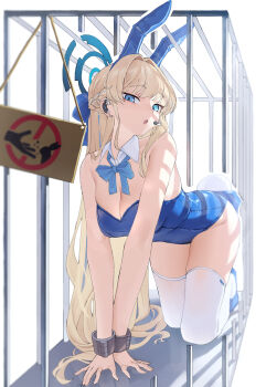 1girl :o absurdres all_fours animal_ear_hairband animal_ears aqua_bow aqua_bowtie blonde_hair blue_archive blue_eyes blue_leotard blue_shoes blush bow bowtie braid breasts cage cleavage commentary_request cuffs detached_collar earrings fake_animal_ears fake_tail hair_intakes hairband half_up_braid halo headset highres in_cage jewelry leotard long_hair looking_at_viewer mahou_gnome medium_breasts official_alternate_costume playboy_bunny rabbit_ear_hairband rabbit_ears rabbit_tail shackles shoes sign solo strapless strapless_leotard stud_earrings tail thighhighs toki_(blue_archive) toki_(bunny)_(blue_archive) very_long_hair warning_sign white_thighhighs