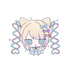 Rule 34 | 1girl, animal ears, blonde hair, blue bow, blue eyes, blue hair, blue serafuku, blue shirt, blue skirt, bow, cat ears, chibi, chouzetsusaikawa tenshi-chan, commentary, full body, gradient hair, hair bow, hand up, long hair, long sleeves, looking at viewer, multicolored hair, musical note, needy girl overdose, open mouth, pink bow, pink hair, pleated skirt, purple bow, purple hair, quad tails, sailor collar, school uniform, serafuku, shirt, simple background, skirt, smile, solo, sparkle, standing, symbol-only commentary, uiha xxx, very long hair, white background