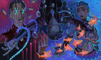 1boy 1girl absurdres arcane:_league_of_legends arcane_jinx arm_tattoo black_choker black_gloves black_hair black_jacket black_shirt blood blue_eyes braid choker closed_eyes cloud_tattoo collarbone crop_top fingerless_gloves french-unicorn gloves hair_slicked_back highres jacket jinx_(league_of_legends) league_of_legends long_hair midriff navel nosebleed parted_lips pink_eyes red_shirt shark shirt short_hair silco_(arcane) tattoo twin_braids twitter_username upper_body white_hair
