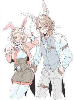 1boy 1girl :d ^^^ alternate_costume anger_vein animal_ears blonde_hair blue_bow blue_bowtie blush bow bowtie bruise bruised_eye cropped_jacket gardenof grabbing_another&#039;s_ass grey_vest groping half_updo highres identity_v injury looking_at_another looking_at_viewer luca_balsa luca_balsa_(paranormal_detective) medium_hair musical_note necktie open_mouth puffy_shorts rabbit_boy rabbit_ears rabbit_girl rabbit_tail red_necktie shirt short_hair shorts smile tail thigh_strap thighhighs tracy_reznik tracy_reznik_(lockheart) vest white_shirt yellow_eyes