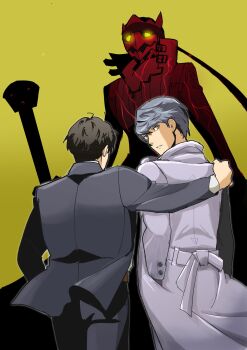 Rule 34 | 2boys, adachi tooru, ajirostudio, black hair, black jacket, black pants, coat, commentary request, from behind, grey background, grey coat, grey eyes, grey hair, hand in pocket, hand on another's shoulder, highres, jacket, long sleeves, looking back, looking to the side, magatsu izanagi, male focus, multiple boys, narukami yu, pants, parted lips, persona, persona (summon), persona 4, short hair, simple background, suit jacket, translation request, upper body, yellow background, yellow eyes