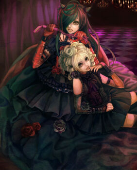 0dizziness0 2boys androgynous asagi_(d) bad_id bad_pixiv_id black_flower black_hair black_rose blonde_hair brown_eyes crossdressing crossdressing_(mtf) d_(band) dress flower gothic_lolita lolita_fashion long_hair multiple_boys real_life red_flower red_rose rose ruiza short_hair trap visual_kei whip