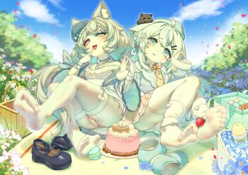 2girls absurdres animal_ears blue_eyes cake feet food fruit heterochromia highres holding_hands long_hair looking_at_viewer macaron mary_janes multiple_girls naizi_chenfu_yu_wo no_bra open_mouth original panties pantyshot parted_lips picnic picnic_basket purple_eyes see-through_clothes see-through_legwear shoes socks soles strawberry sweets thighhighs toes tongue tongue_out underwear unworn_shoes white_hair white_socks white_thighhighs yellow_eyes