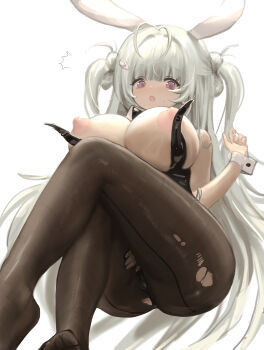 1girl :o ^^^ absurdres animal_ears antenna_hair bare_arms bare_shoulders black_leotard blunt_bangs breasts brown_pantyhose chinese_commentary commentary_request crossed_legs fake_animal_ears feet_out_of_frame from_below goddess_of_victory:_nikke green_hair hair_ornament hairclip hand_up highres huge_breasts invisible_chair leotard long_hair looking_at_viewer looking_down mole mole_on_breast nipples no_shoes official_alternate_costume open_mouth pantyhose playboy_bunny puffy_nipples purple_eyes rabbit_ears rrina_rina simple_background sitting soda_(nikke) soda_(twinkling_bunny)_(nikke) solo strapless strapless_leotard sweatdrop thighs torn_clothes torn_pantyhose two_side_up undersized_breast_cup variant_set very_long_hair white_background wrist_cuffs