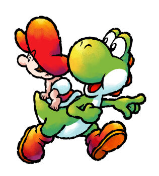 2boys baby baby_mario boots brown_boots brown_hair colored_skin diaper green_skin green_yoshi hat highres mario mario_(series) multiple_boys nintendo official_art open_mouth pointing red_hat short_hair simple_background third-party_source white_background yoshi yoshi&#039;s_island_ds