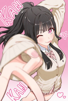1girl :p animification arms_up black_hair bow bowtie breasts cardigan collared_shirt commentary_request dress_shirt feet_out_of_frame foreshortening gradient_background gyaru gyaru_v heart highres kan_kanna kan_kanna_no_kangaeru_na_kanjiro! kogal long_sleeves looking_at_viewer medium_breasts miniskirt pink_background pink_bow pink_bowtie pink_eyes pink_skirt plaid_clothes plaid_skirt pleated_skirt ponytail real_life shirt simple_background skirt sleeves_past_wrists solo star_(symbol) tera_dash tongue tongue_out v voice_actor white_shirt yellow_cardigan