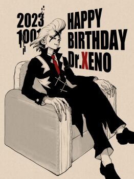 1boy 2023 annoyed birthday chair character_name claws crossed_legs dated dr._stone facial_mark fingernails formal_clothes happy_birthday highres male_focus monochrome necktie ninomae_gin pompadour red_necktie shoes sitting smile solo spot_color suit xeno_(dr.stone)