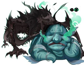 anessthetic animal_focus arm_fins bald blobfish chain chainsmoker_(pressure) closed_eyes creature exposed_bone highres hole_in_chest hole_on_body lying on_ground on_stomach open_mouth pandemonium_(pressure) pressure_(roblox) red_lips reference_inset ribs sharp_teeth smoke tail teeth