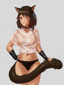 1girl absurdres amildbreeze animal_ear_fluff animal_ears black_choker black_hair black_panties black_tail bow braid breasts cat_ears cat_tail choker closed_mouth commentary commission english_commentary facial_mark final_fantasy final_fantasy_xiv fingerless_gloves fingernails gloves grey_bow hair_bow highres large_breasts long_fingernails midriff miqo'te multicolored_hair navel nipples original panties red_eyes red_streaks see-through_clothes see-through_shirt sharp_fingernails shirt short_sleeves simple_background slit_pupils solo streaked_hair t-shirt tail tan underwear vgen_commission warrior_of_light_(ff14) wet wet_clothes wet_hair wet_shirt whisker_markings white_background white_shirt