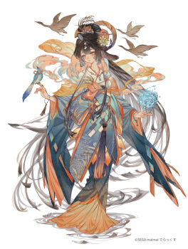 1girl bird black_hair chinese_clothes commentary_request flower full_body hair_flower hair_ornament long_hair long_sleeves maimai_(game) official_art simple_background solo standing tsubonari very_long_hair white_background