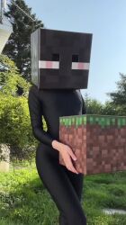 1girl animated antenna arm_tattoo ass bikini bikini_top_lift black_bikini black_bodysuit bodysuit bouncing_ass bouncing_breasts breasts clothes_lift cosplay dandelion day enderman enderman_(cosplay) female_focus flower grabbing_own_breast grass highleg highleg_bikini highres huge_filesize jiggle looking_at_viewer mask miamiaxof minecraft narrow_waist navel nipples outdoors petite photo_(medium) pine_tree plant real_life sky small_breasts solo spanking_self standing swimsuit tagme tattoo thigh_gap tree video wide_hips