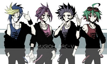 Rule 34 | 4boys, arm tattoo, bandaid, bandaid on face, black hair, black pants, black sweater, black wrist cuffs, blowing bubble gum, blue eyes, blue hair, blue tank top, cang (iphis233), cardigan, chewing gum, colored bangs, copyright name, cowboy shot, facing to the side, finger gun, finger gun to head, goggles, goggles on head, green hair, hand in pocket, hand on own hip, hand on own neck, hand up, high contrast, hugo (yu-gi-oh!), jewelry, joeri (yu-gi-oh!), looking ahead, male focus, multicolored hair, multiple boys, muted color, necklace, one eye closed, open cardigan, open clothes, open hand, pants, parted bangs, partially unzipped, pendulum, print shirt, purple eyes, purple hair, purple tank top, red eyes, red hair, red tank top, sakaki yuya, shirt, side-by-side, single bare shoulder, sleeves rolled up, spiked hair, spot color, suspenders hanging, sweater, swept bangs, tank top, tattoo, two-tone hair, ute (yu-gi-oh!), v, white background, wrist cuffs, yu-gi-oh!, yu-gi-oh! arc-v